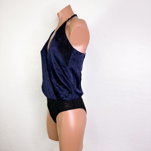 Socialite Satin Lace Sleeveless Bodysuit Racer Back Tank Top Black Blue S NWT - Picture 7 of 13
